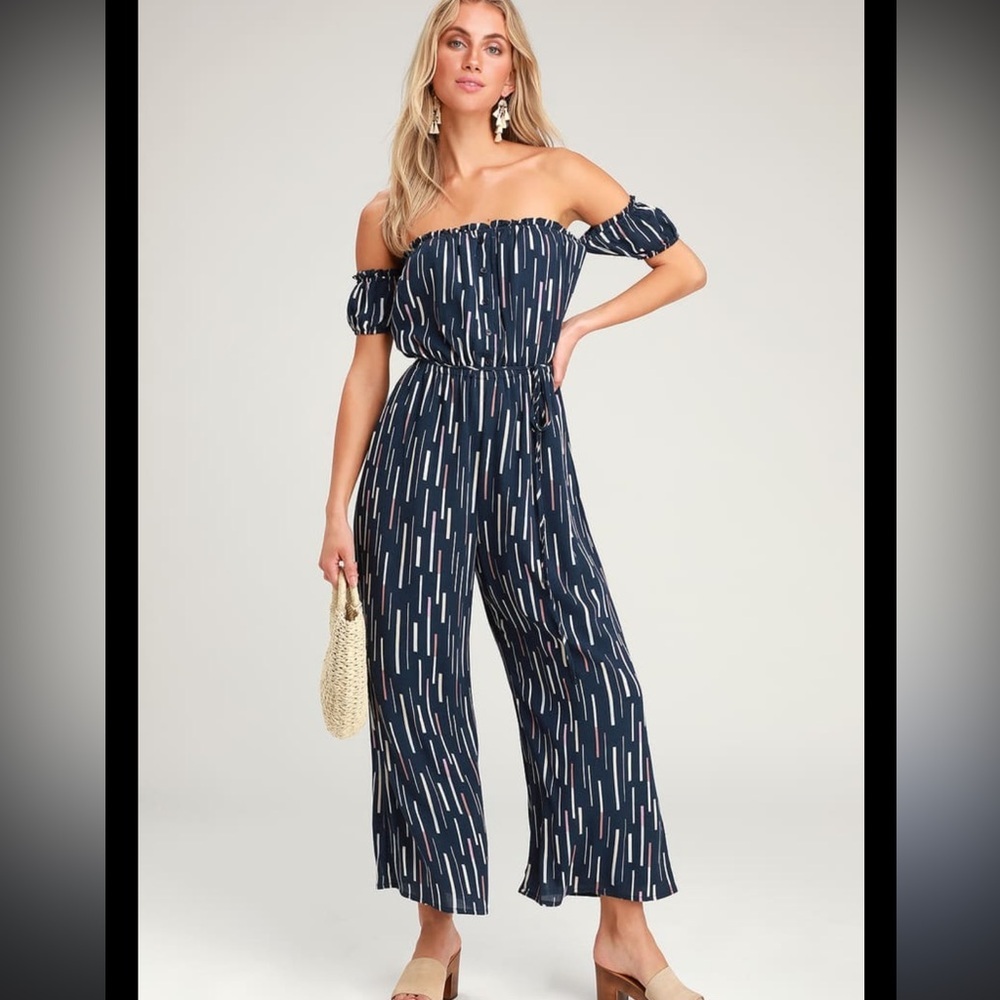 EU Lulus True Radiance Navy Blue Multi Print Off-the-Shoulder Jumpsuit